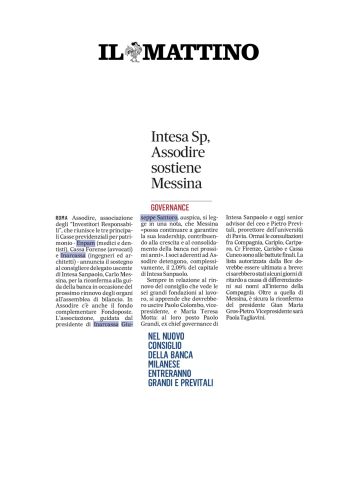 Intesa Sp, Assodire sostiene Messina