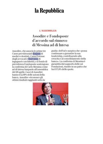 Assodire e Fondoposte d'accordo sul rinnovo di Messina ad di Intesa